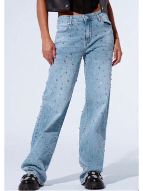 AKIRA HITS EVERYTIME RHINESTONE EMBELLISHED STRAIGHT LEG JEANS